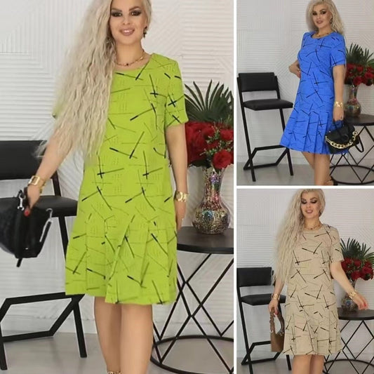 Vestido con Estampado de Moda y Ajuste Suelto de Manga Corta y Pliegues para Mujer